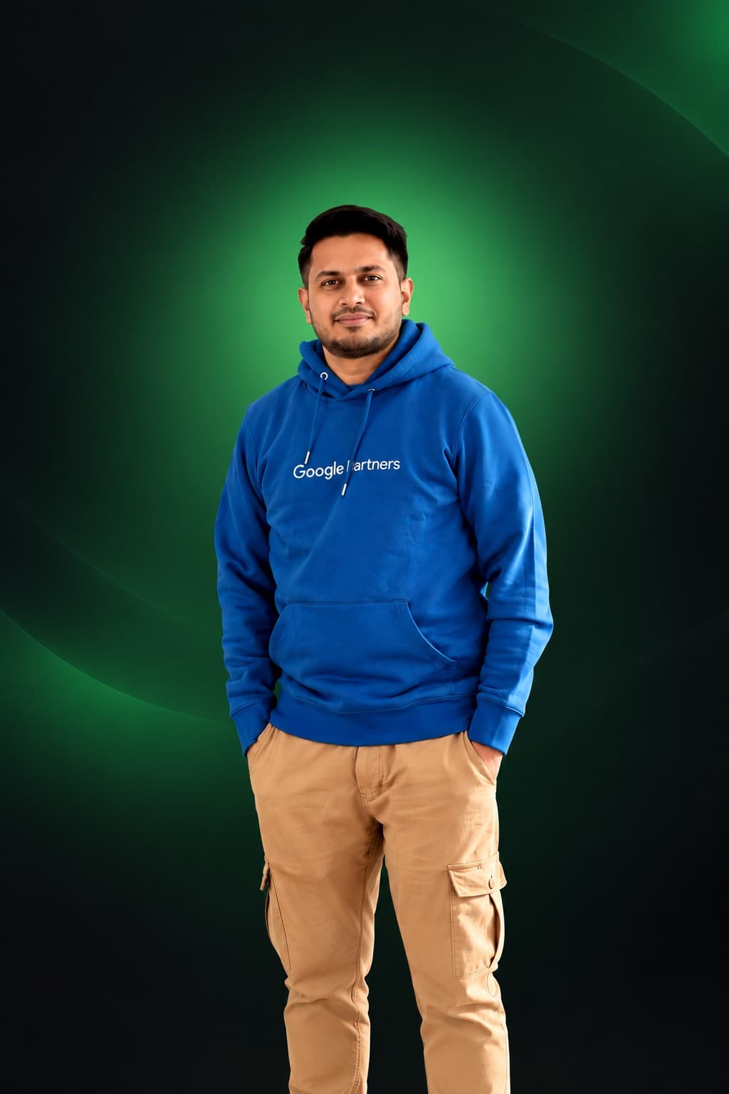 Raaquib Pathan, SEO consultant based in Dubai, wearing a Google Partners hoodie