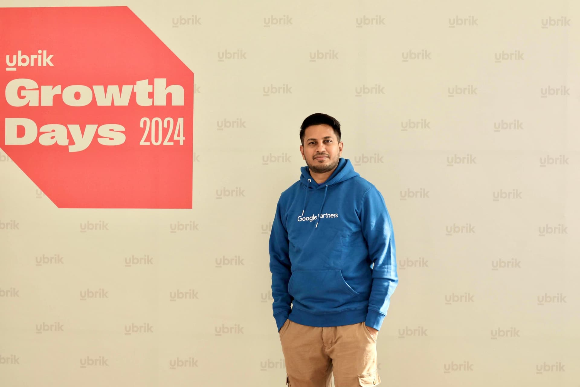 Raaquib Pathan, SEO consultant based in Dubai, at Ubrik Growth Days 2024 wearing a Google Partners hoodie